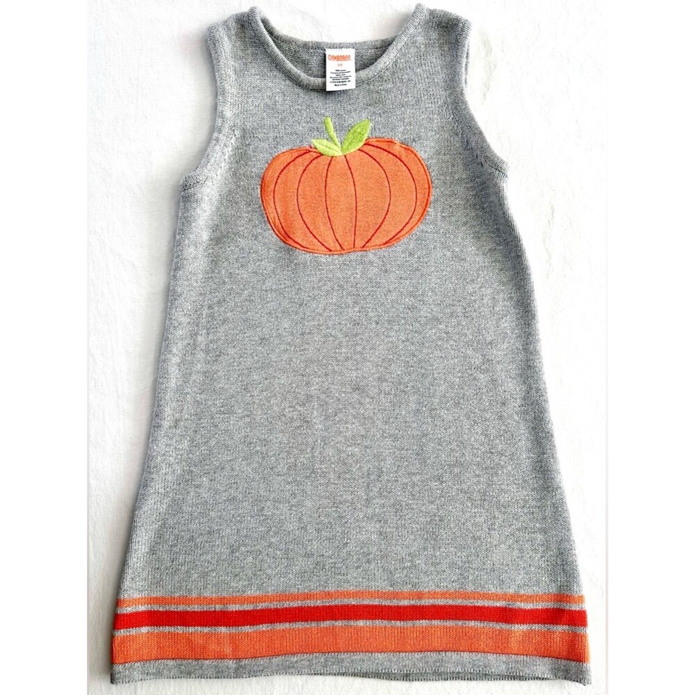 Gymboree Girls Pumpkin Sweater Dress Size 5T Fall Sleeveless Gray Orange